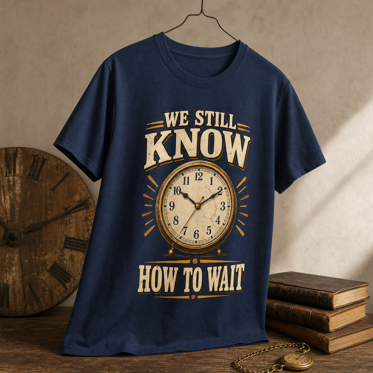 Hanging vintage t-shirt with printed "We Still Know How To Wait" slogan design
