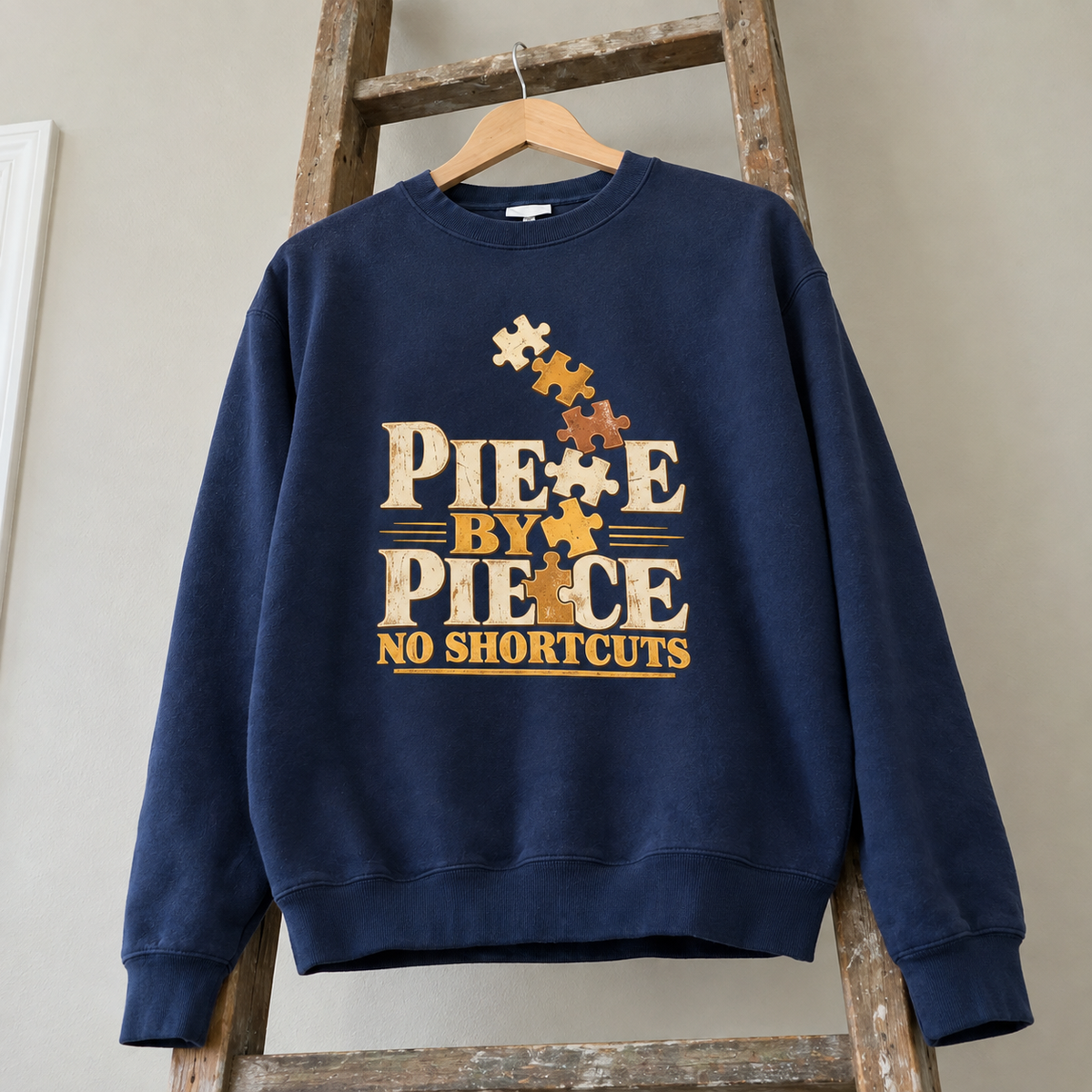Navy vintage sweatshirt hanging on ladder with printed Piece By Piece No Shortcuts puzzle design