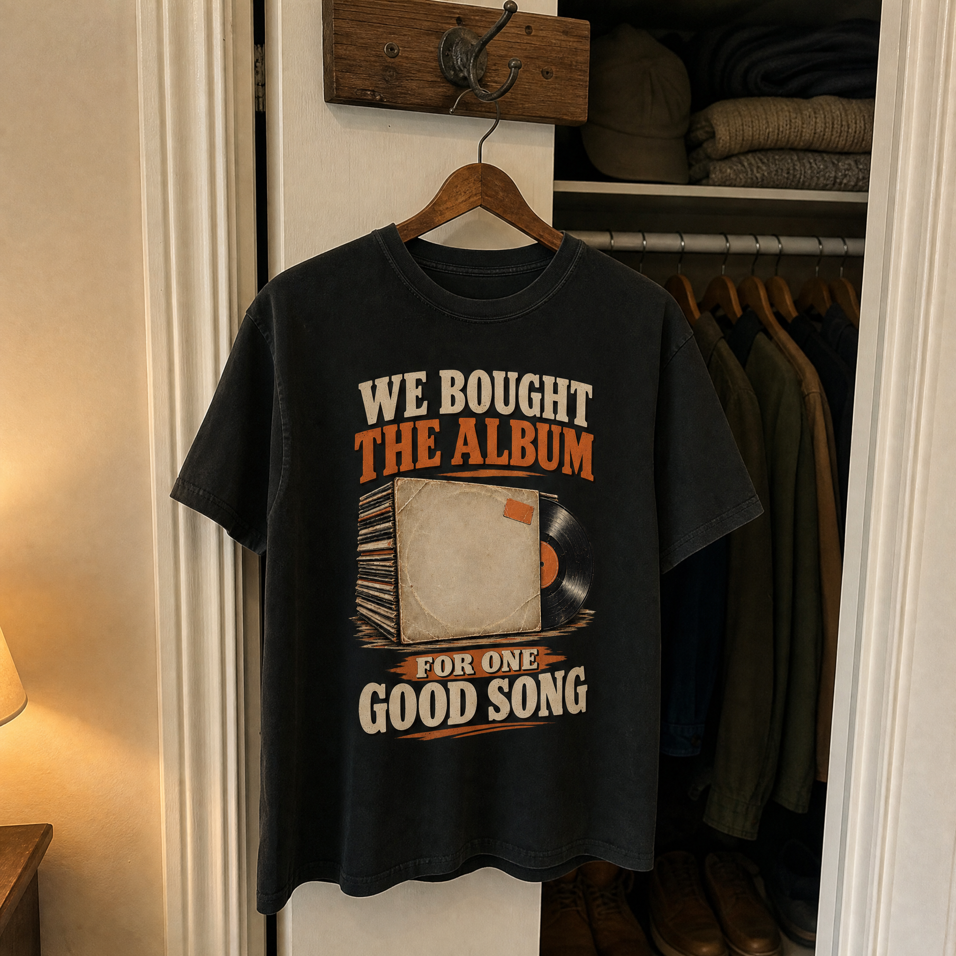 vintage t-shirt on hanger with We Bought The Album For One Good Song printed design