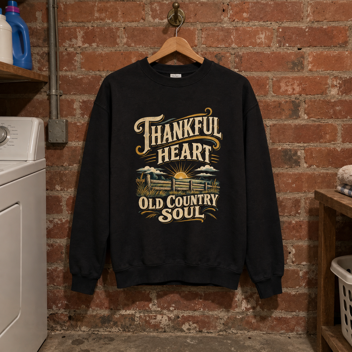 Black vintage sweatshirt hanging against brick wall with printed Thankful Heart Old Country Soul design