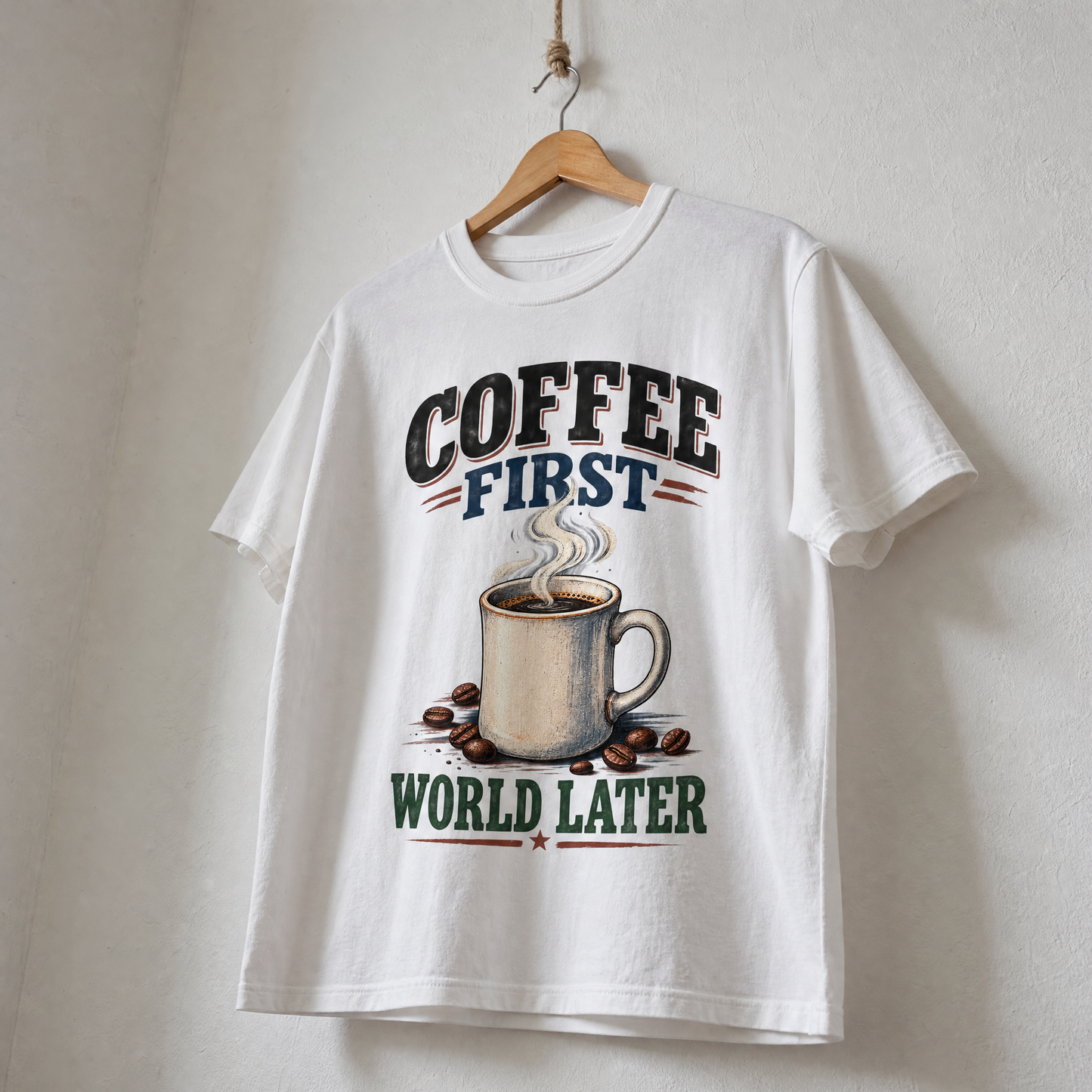White vintage t-shirt hanging with printed Coffee First. World Later slogan and coffee cup design