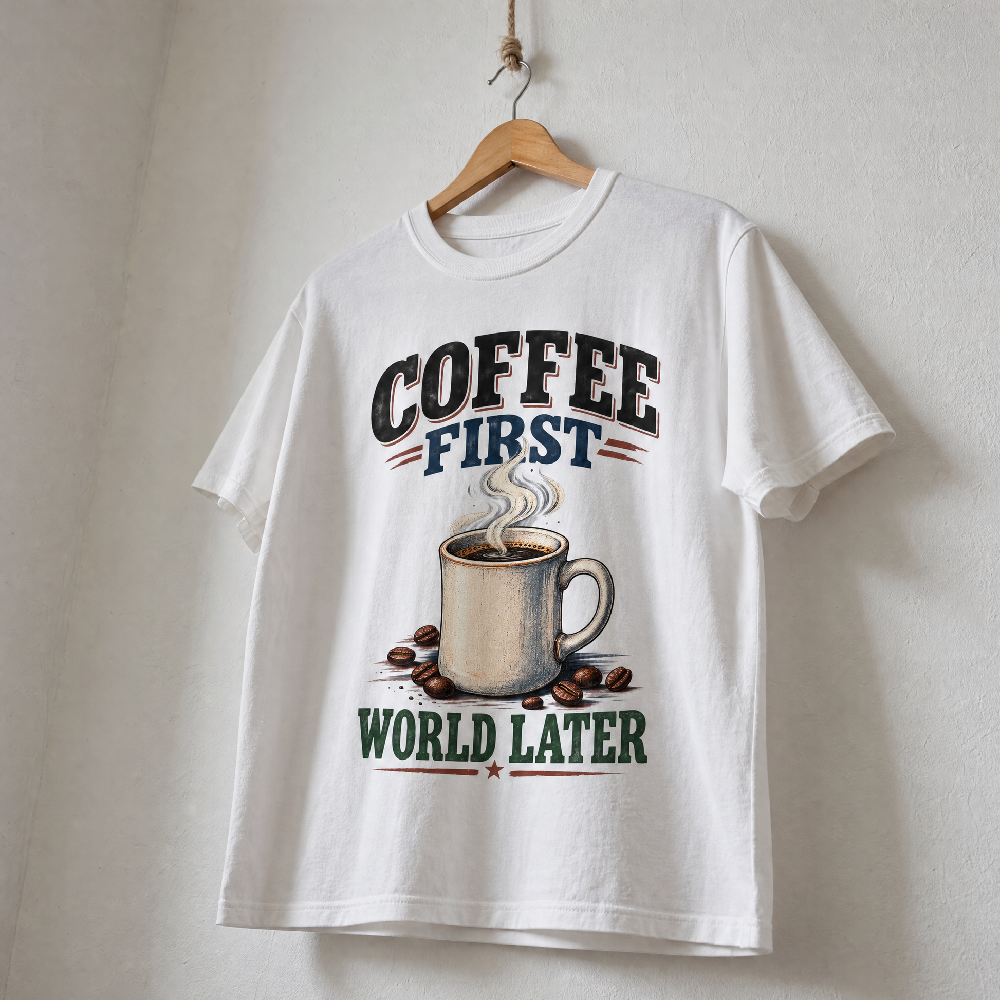 White vintage t-shirt hanging with printed Coffee First. World Later slogan and coffee cup design