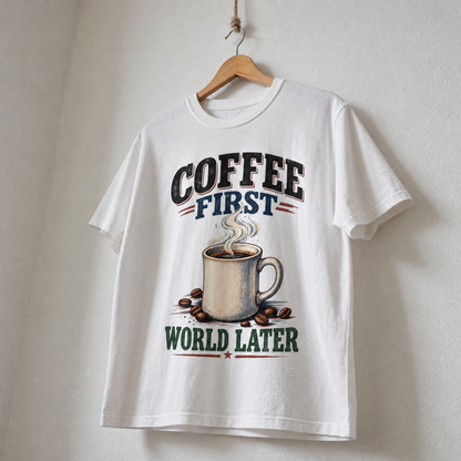 White vintage t-shirt hanging with printed Coffee First. World Later slogan and coffee cup design