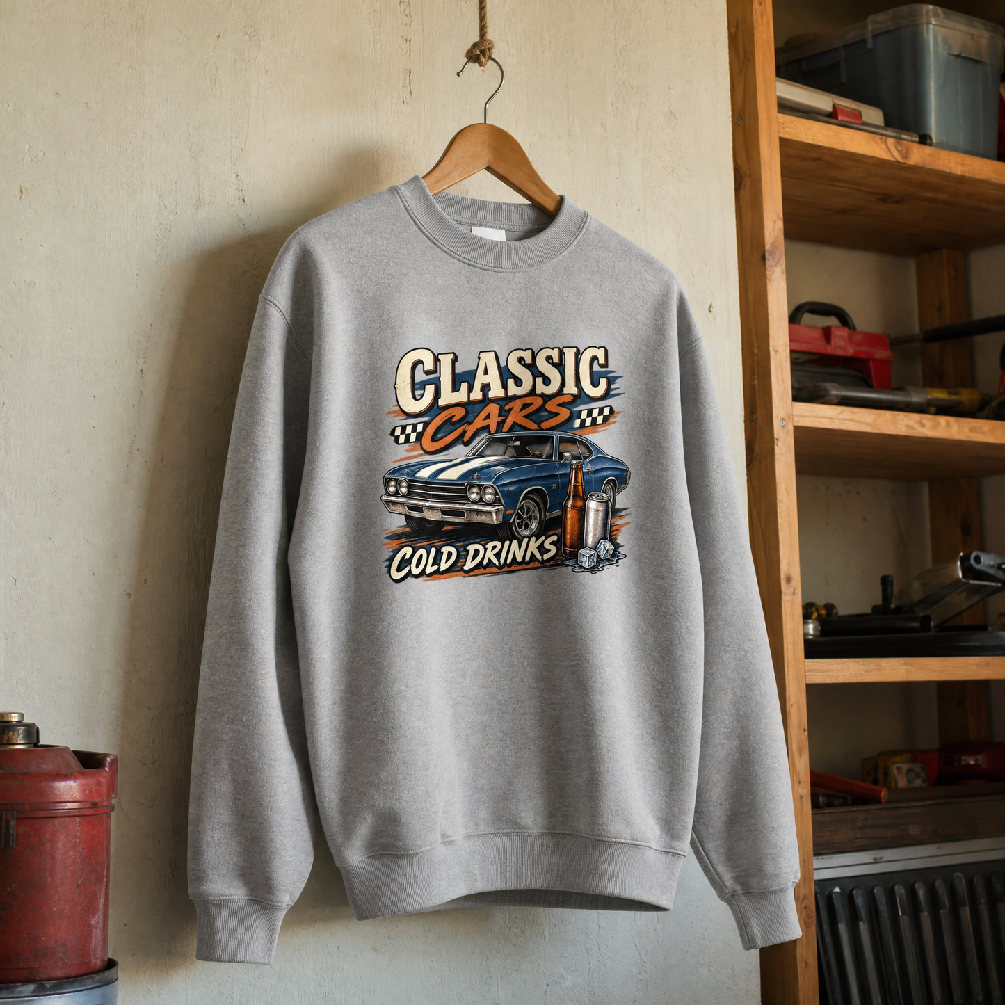 Gray vintage sweatshirt hanging with printed “Classic Cars. Cold Drinks” design featuring classic car.