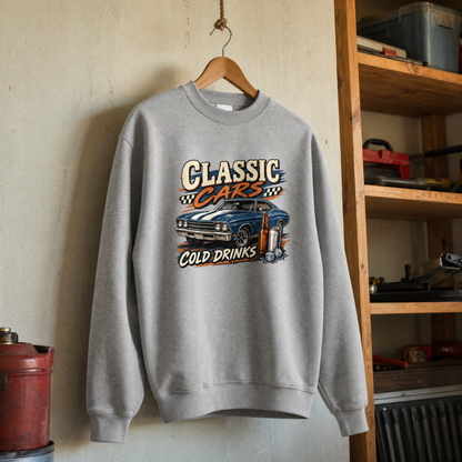 Gray vintage sweatshirt hanging with printed “Classic Cars. Cold Drinks” design featuring classic car.