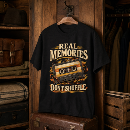 Black vintage t-shirt hanging with printed Real Memories Don't Shuffle cassette design.