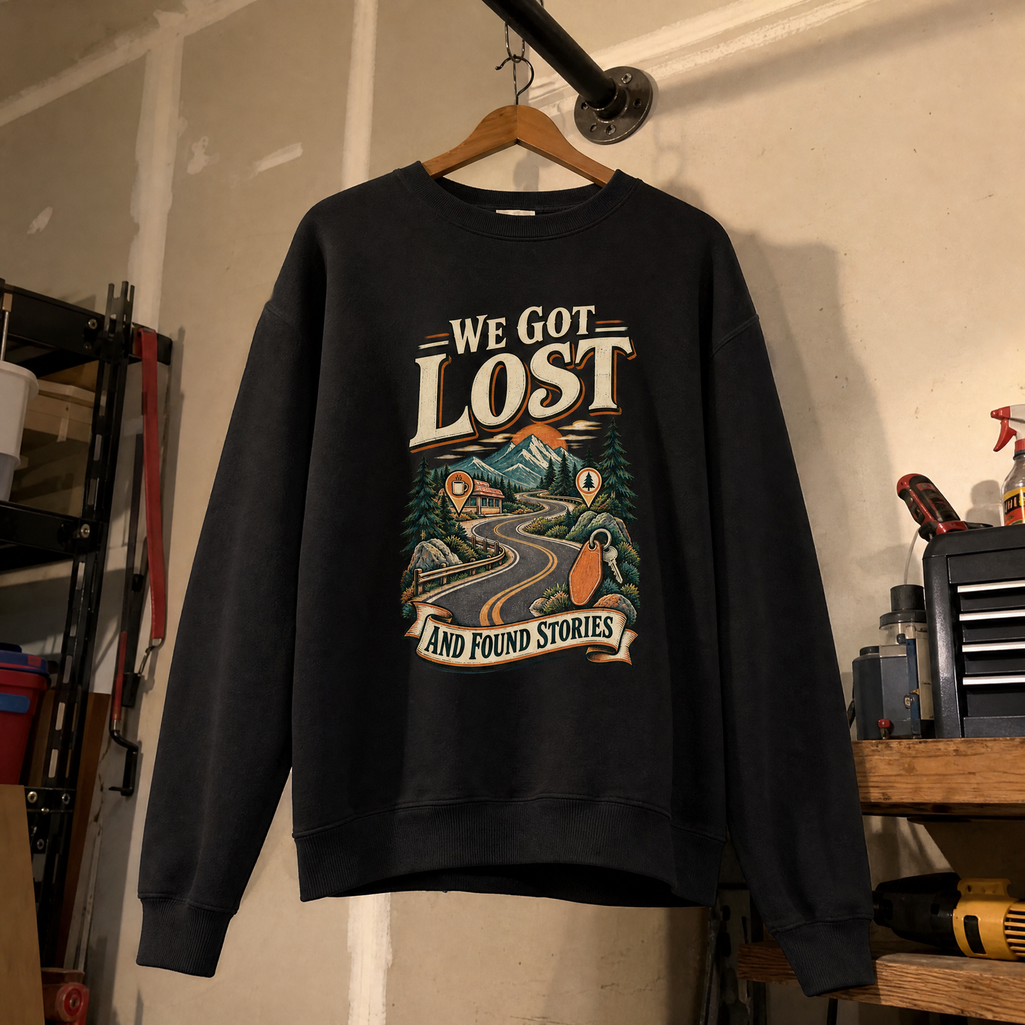 Black vintage sweatshirt hanging with printed We Got Lost And Found Stories design