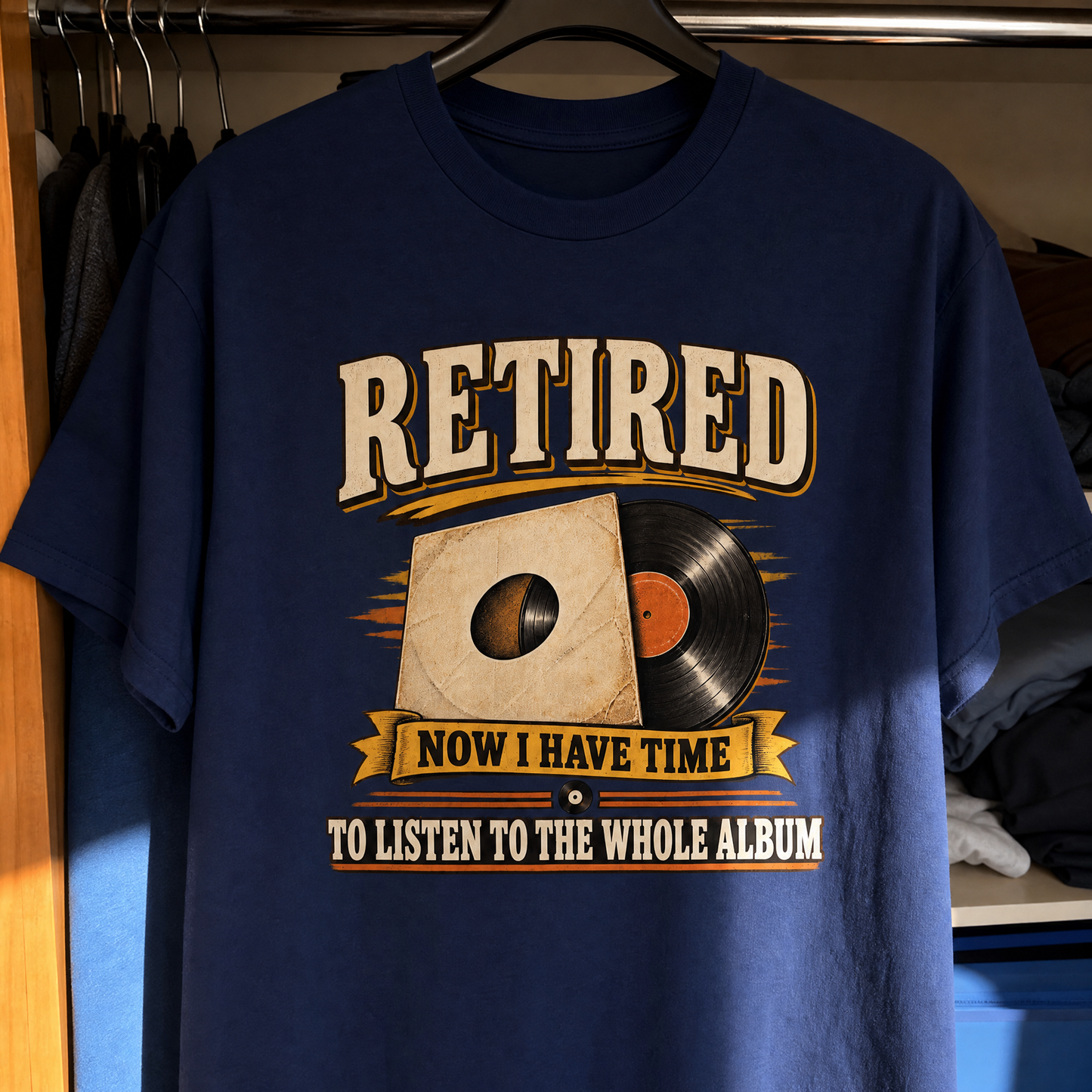 37 Time for the Whole Album vintage t-shirt with printed slogan, hanging view