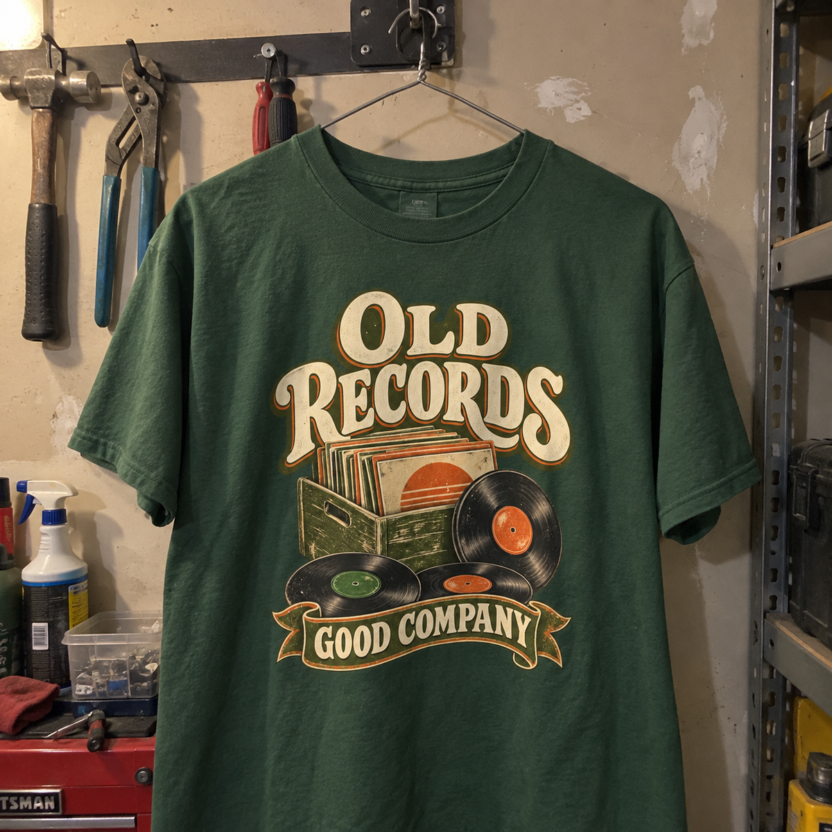 vintage t-shirt on hanger with Old Records Good Company printed design