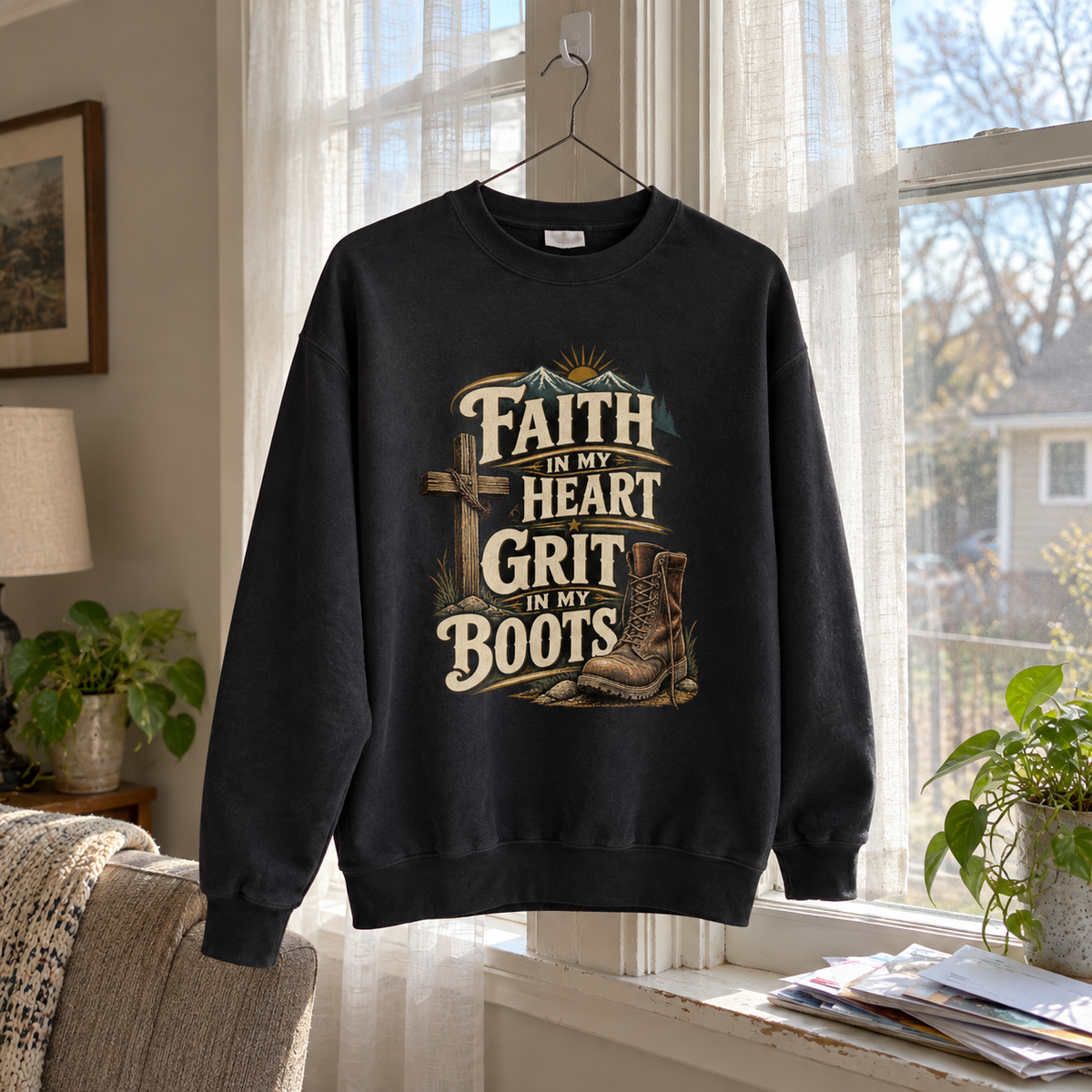 Black vintage sweatshirt hanging by window, printed Faith In My Heart Grit In My Boots