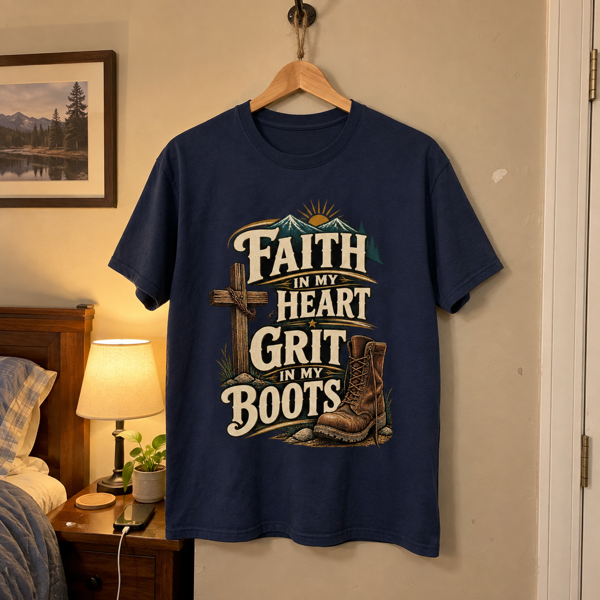Navy vintage t-shirt hanging with printed Faith In My Heart Grit In My Boots