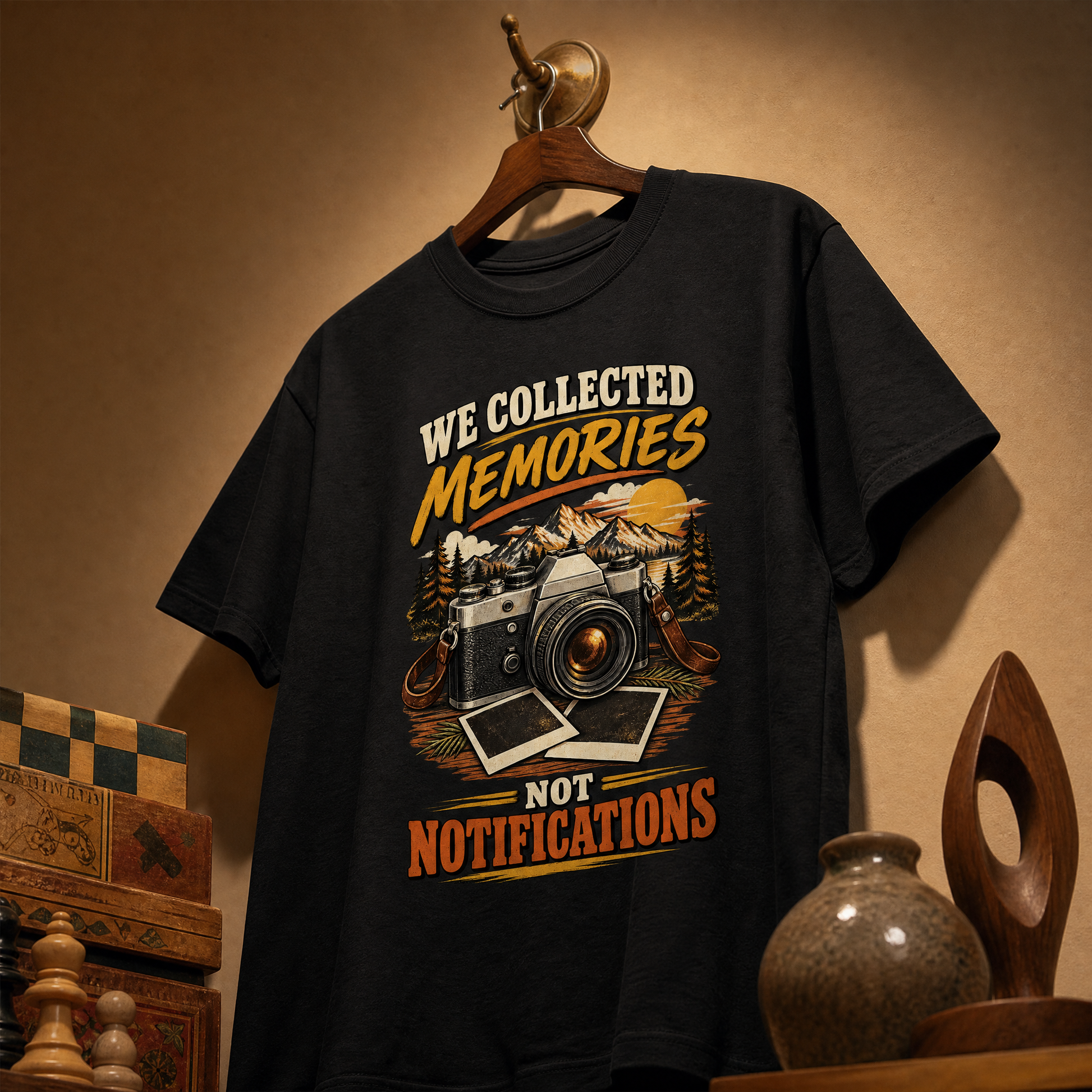 Black vintage t-shirt hanging with printed We Collected Memories Not Notifications camera design