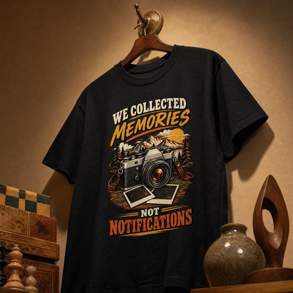 Black vintage t-shirt hanging with printed We Collected Memories Not Notifications camera design