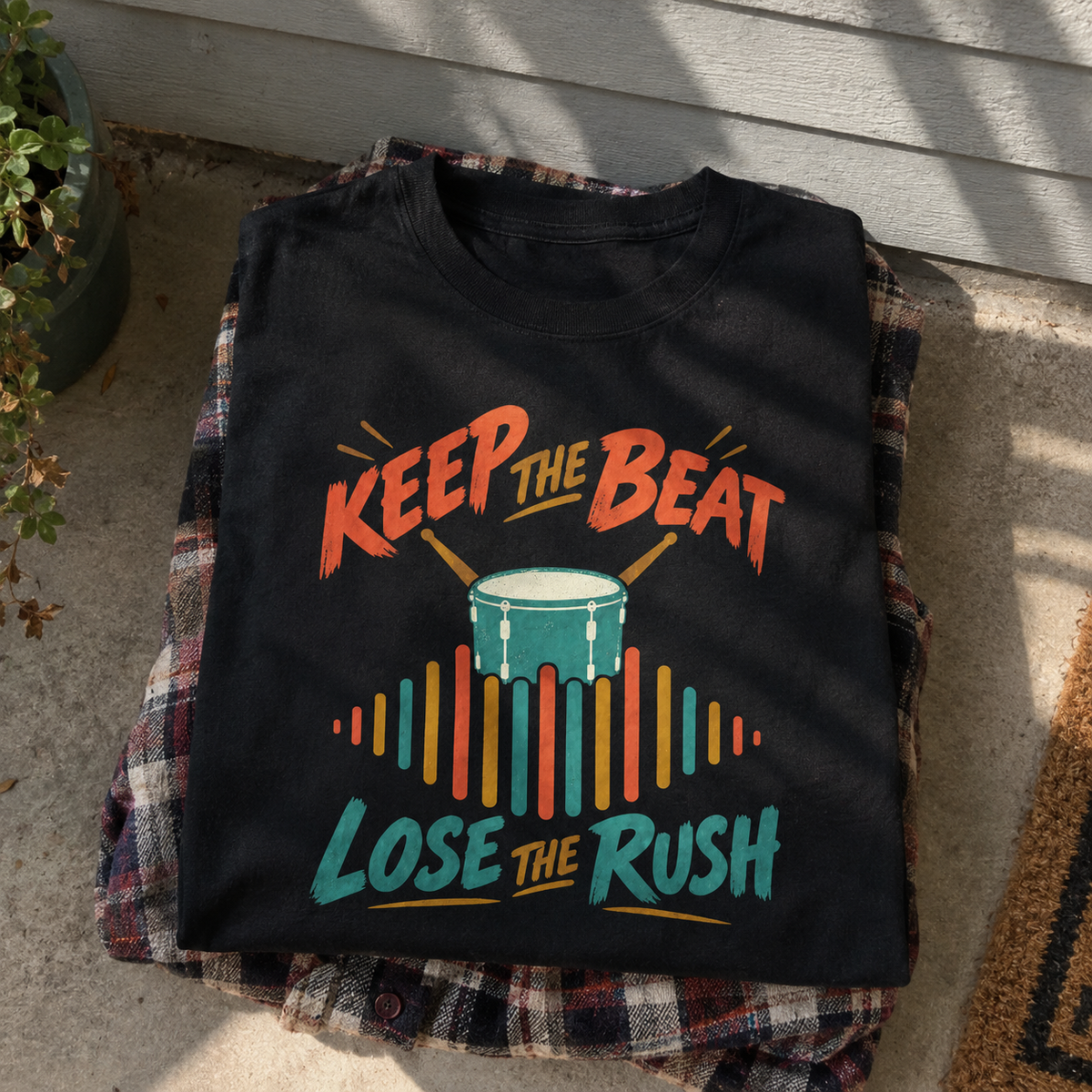 Black vintage t-shirt with printed Keep The Beat Lose The Rush drum design, overhead view