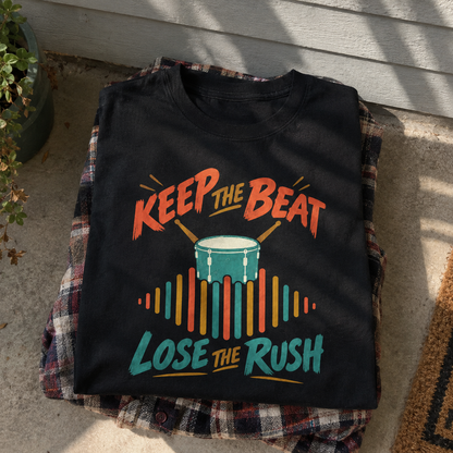 Black vintage t-shirt with printed Keep The Beat Lose The Rush drum design, overhead view