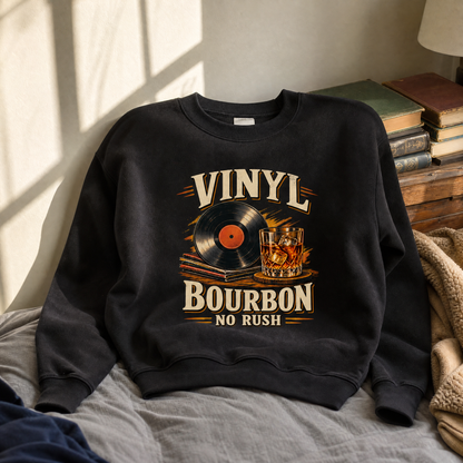 Black vintage sweatshirt with printed Vinyl Bourbon No Rush design, front hero view.