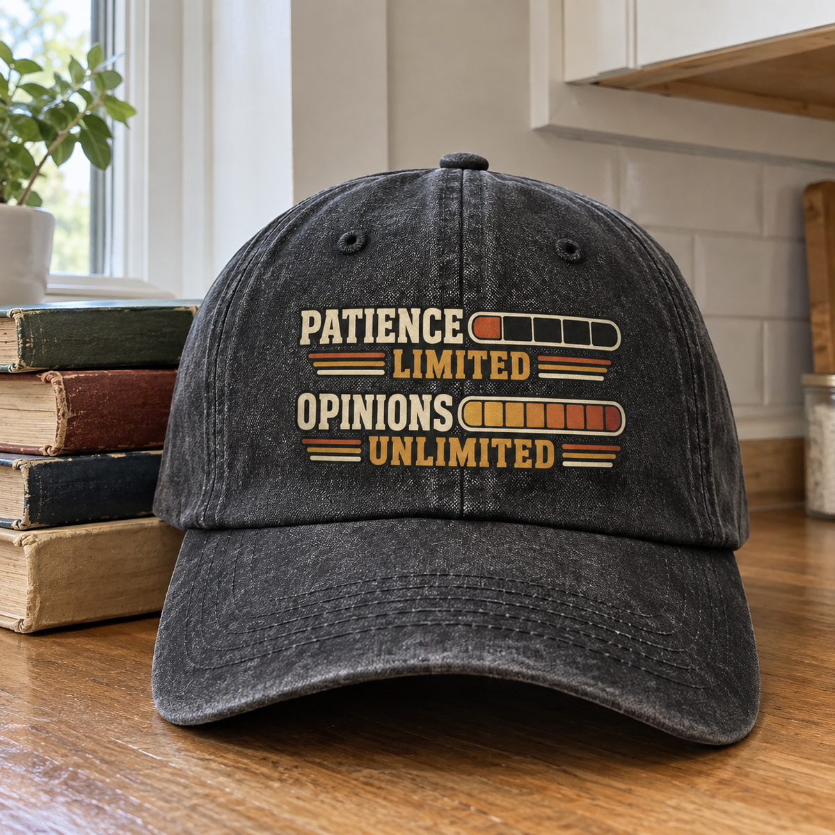 Black vintage washed cap with printed Patience Limited Opinions Unlimited slogan, front hero view.