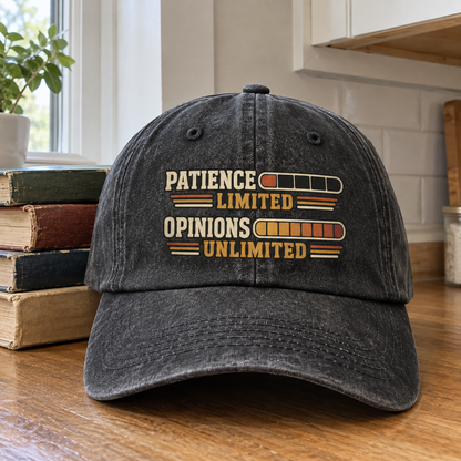 Black vintage washed cap with printed Patience Limited Opinions Unlimited slogan, front hero view.
