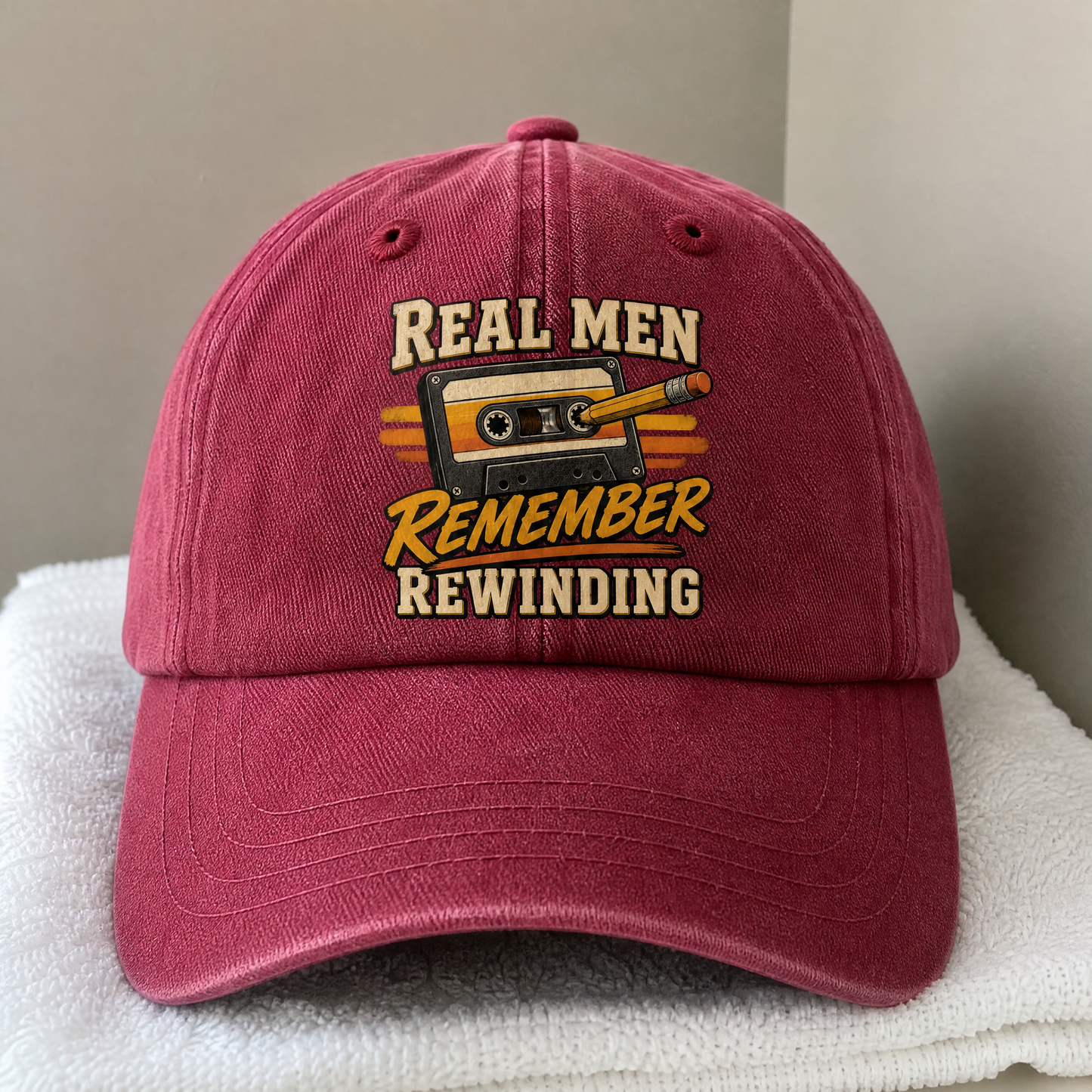 45 Real Men Remember Rewinding vintage washed cap with printed retro slogan, hero view