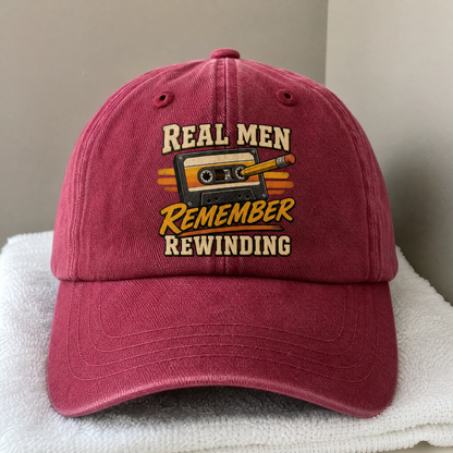 45 Real Men Remember Rewinding vintage washed cap with printed retro slogan, hero view