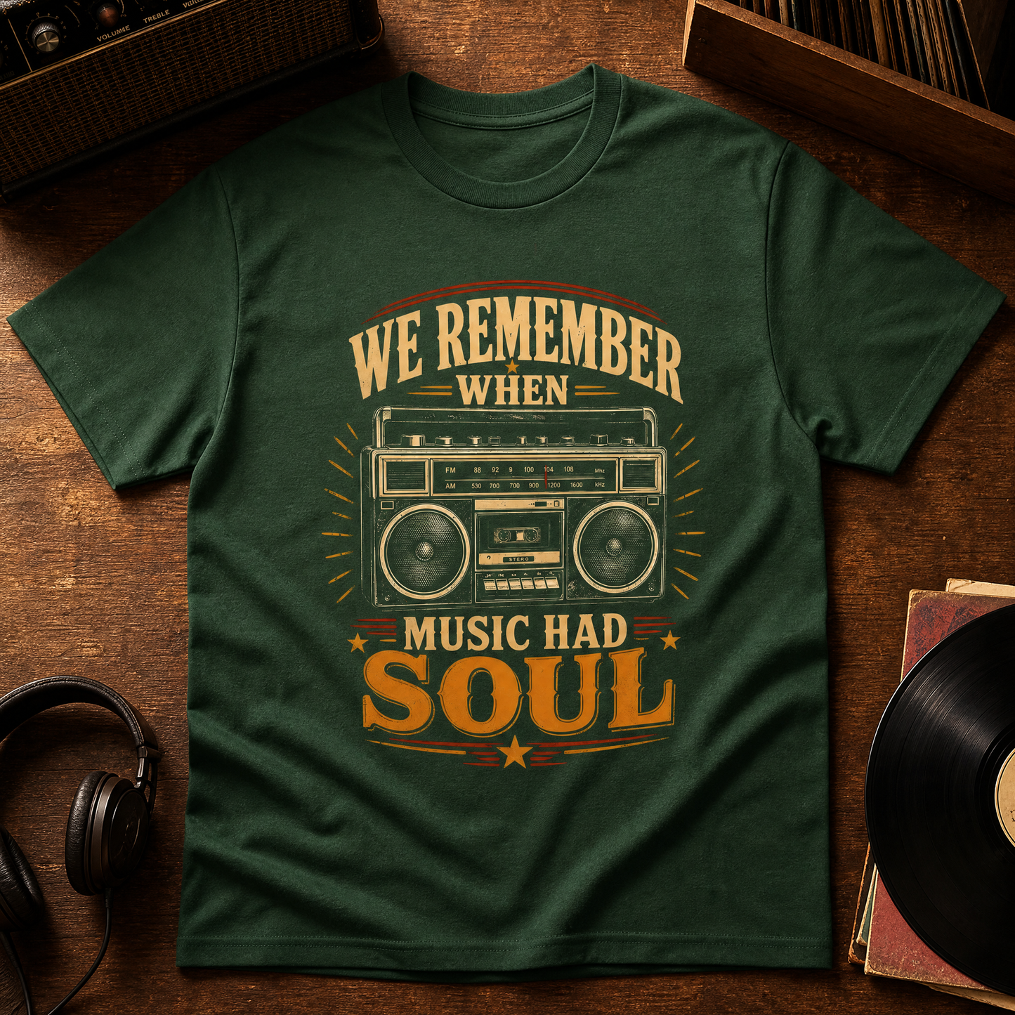 Green vintage t-shirt with printed boombox design and We Remember Music Had Soul slogan