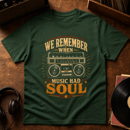 Green vintage t-shirt with printed boombox design and We Remember Music Had Soul slogan