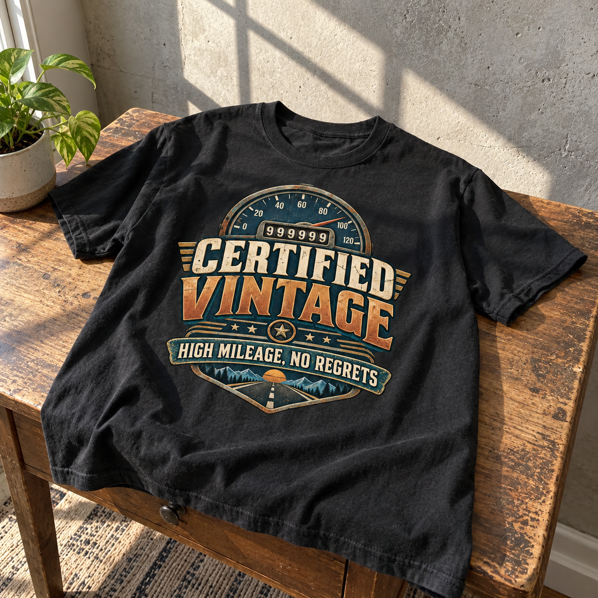 Black vintage t-shirt with printed speedometer and Certified Vintage High Mileage, No Regrets slogan.