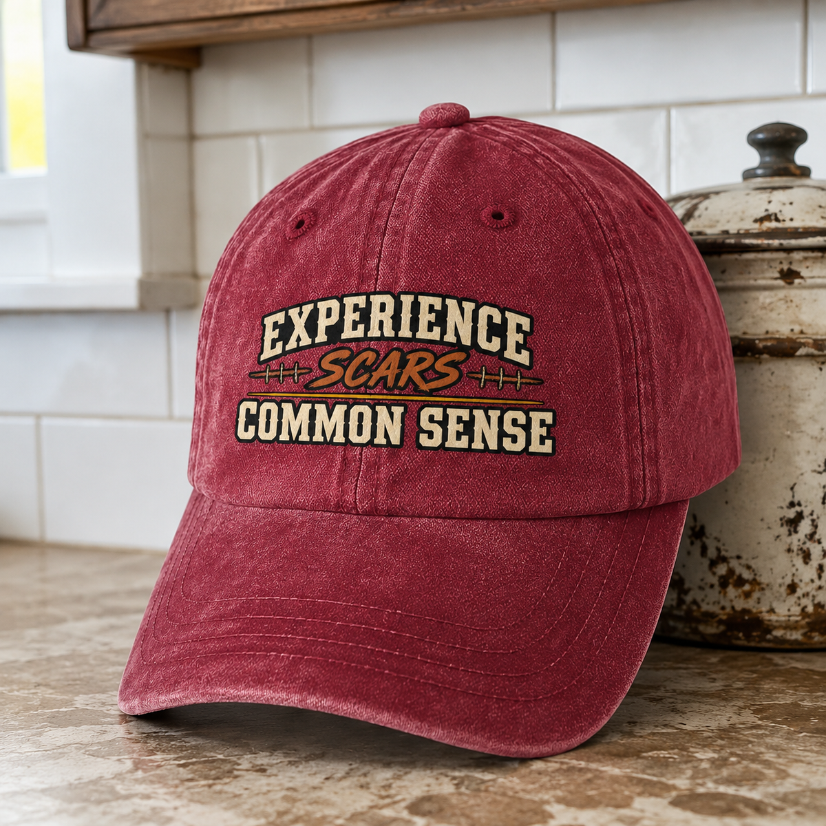 Burgundy vintage washed cap with printed Experience Scars Common Sense slogan, hero view