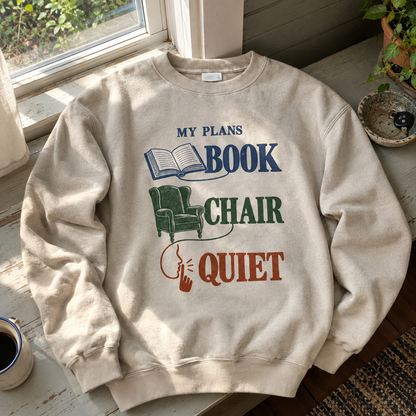 vintage sweatshirt product shot with My Plans Book Chair Quiet printed design