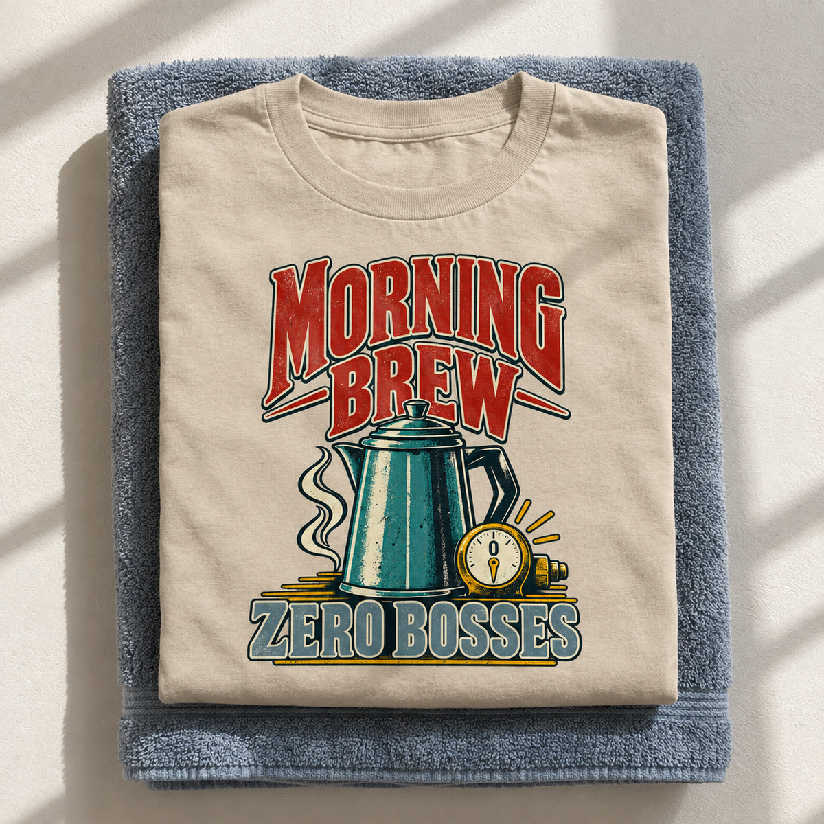 Beige vintage t-shirt with printed Morning Brew Zero Bosses design, hero view folded flat