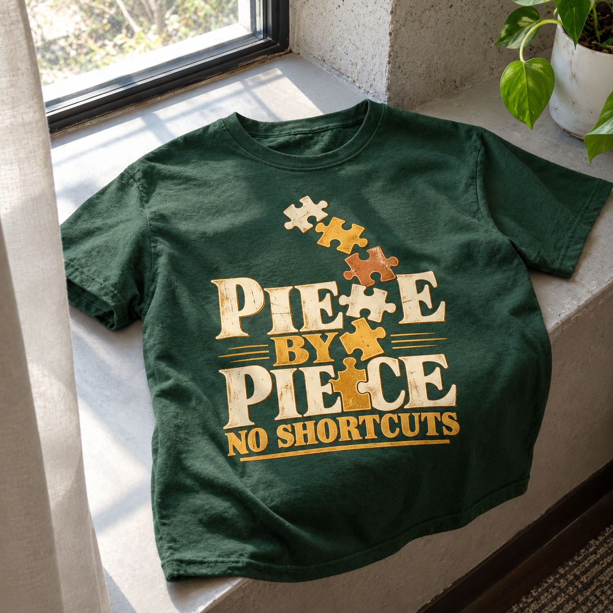 Green vintage t-shirt with printed Piece By Piece No Shortcuts design, displayed flat near window
