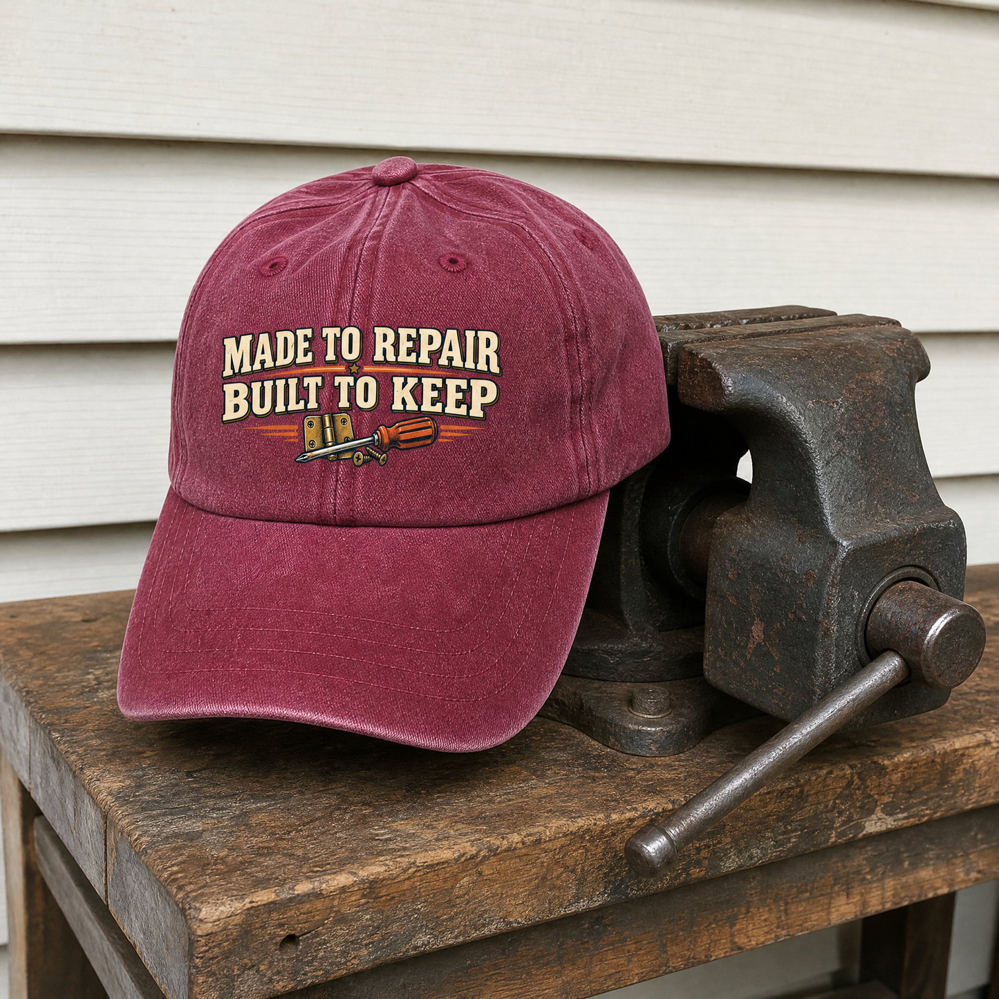 vintage washed cap product shot with Made To Repair. Built To Keep printed design