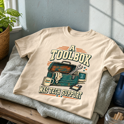 Beige vintage t-shirt with printed toolbox design and “A Toolbox Was Tech Support” slogan