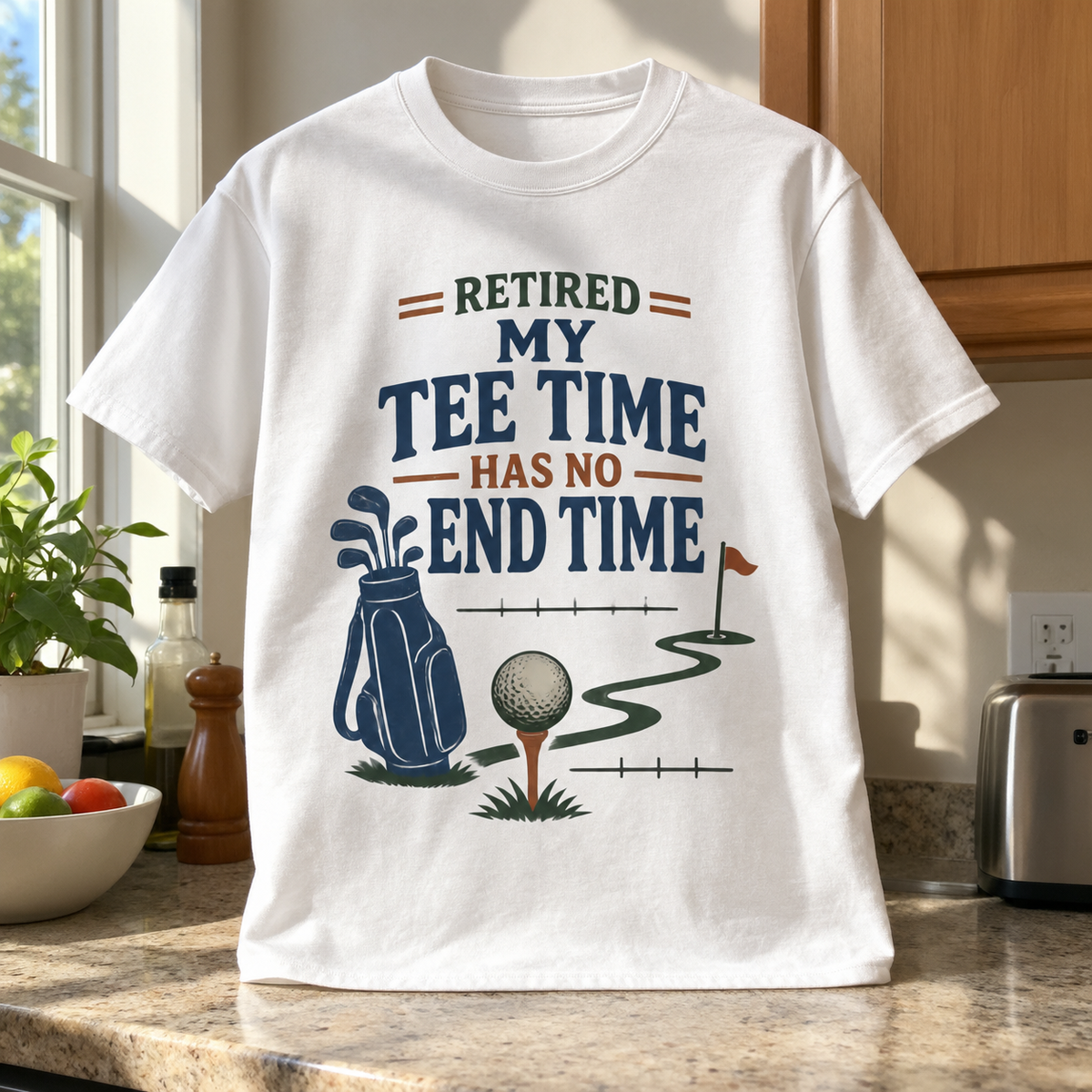 White vintage t-shirt with printed retired golf slogan and golf bag design, front hero view
