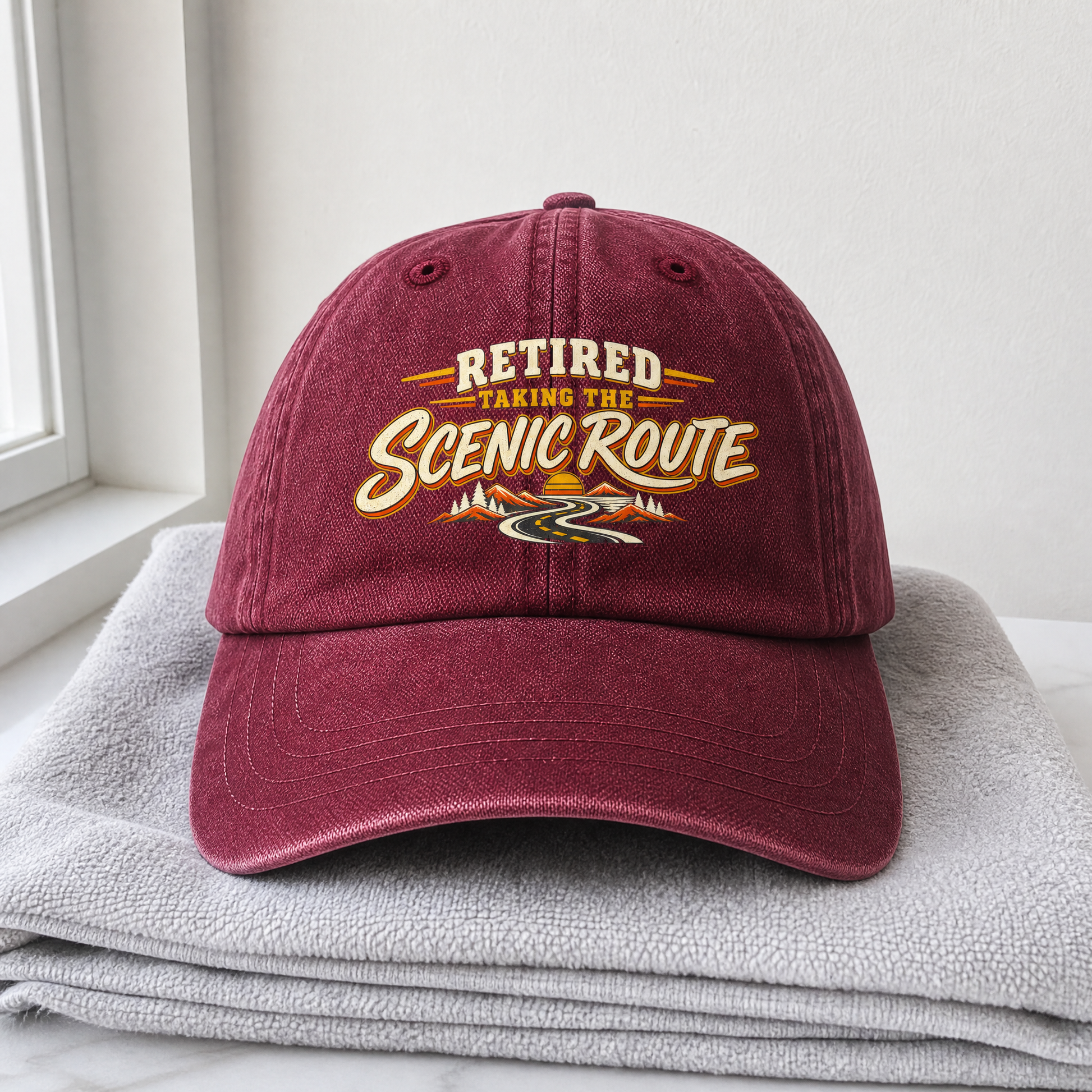 Burgundy vintage washed cap with printed Retired Taking The Scenic Route slogan front view