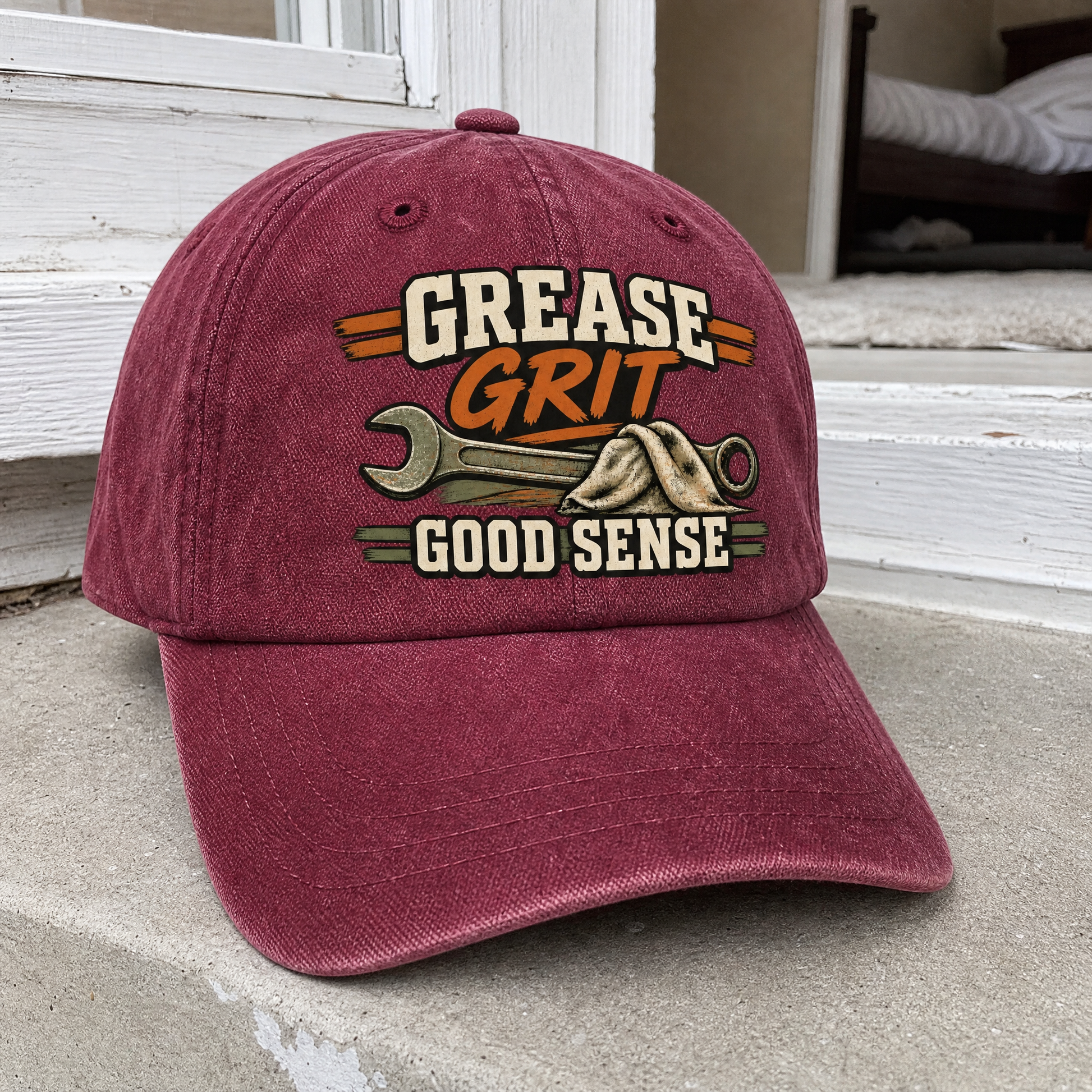 Burgundy vintage washed cap with printed Grease Grit Good Sense design front view