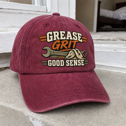 Burgundy vintage washed cap with printed Grease Grit Good Sense design front view