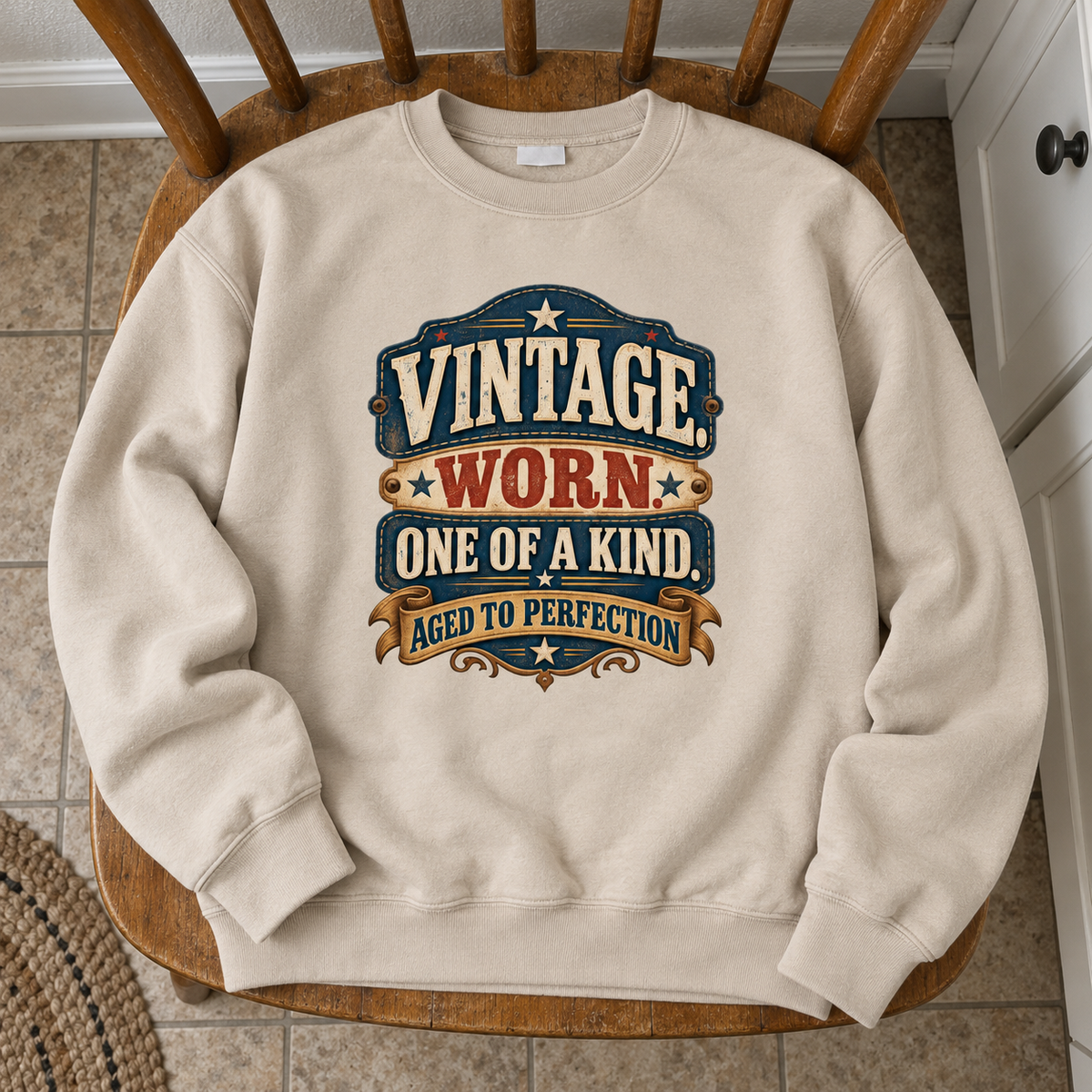 Cream vintage sweatshirt with printed Vintage Worn One Of A Kind Aged To Perfection slogan