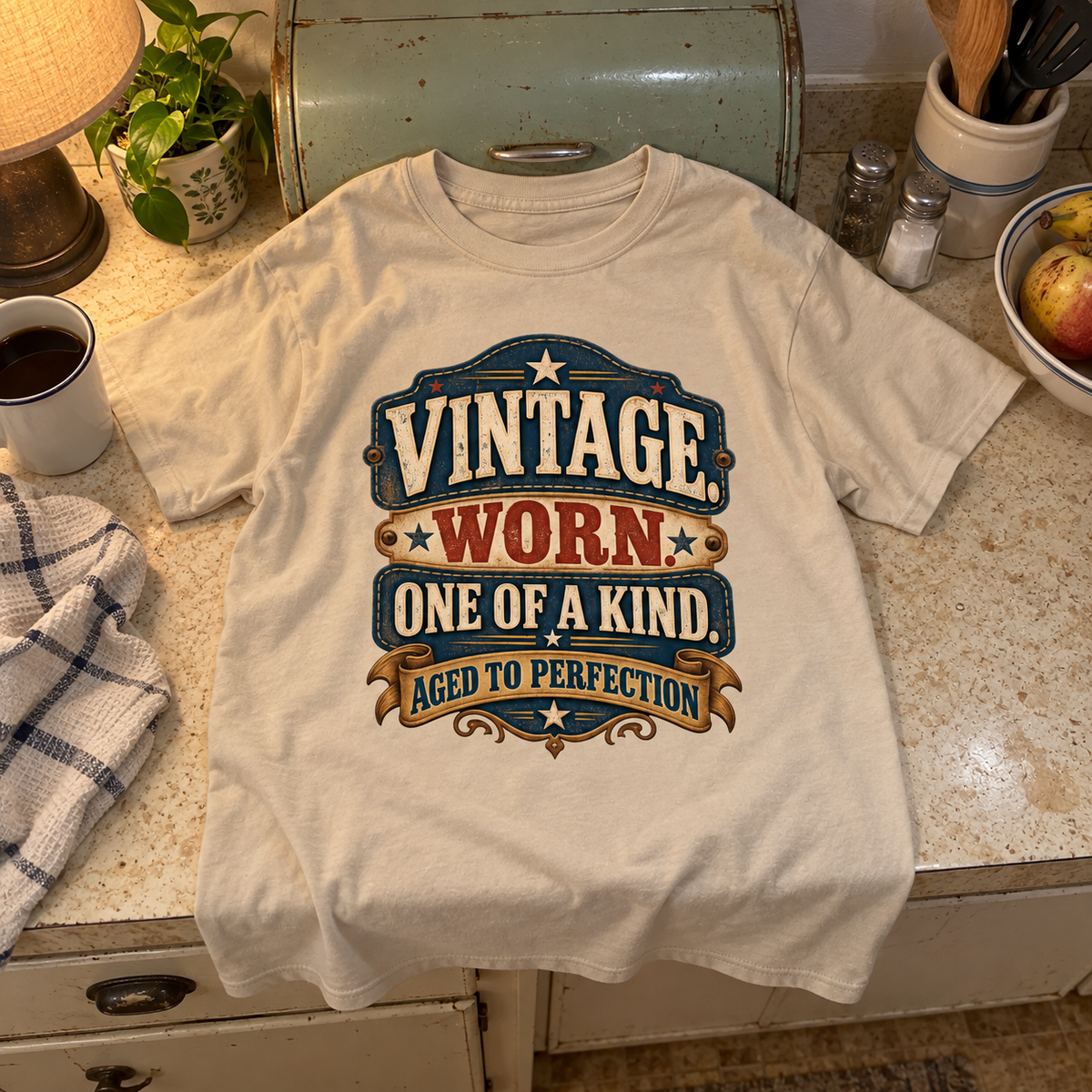 Cream vintage t-shirt on countertop printed Vintage Worn One Of A Kind Aged To Perfection