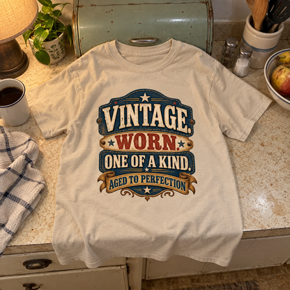 Cream vintage t-shirt on countertop printed Vintage Worn One Of A Kind Aged To Perfection