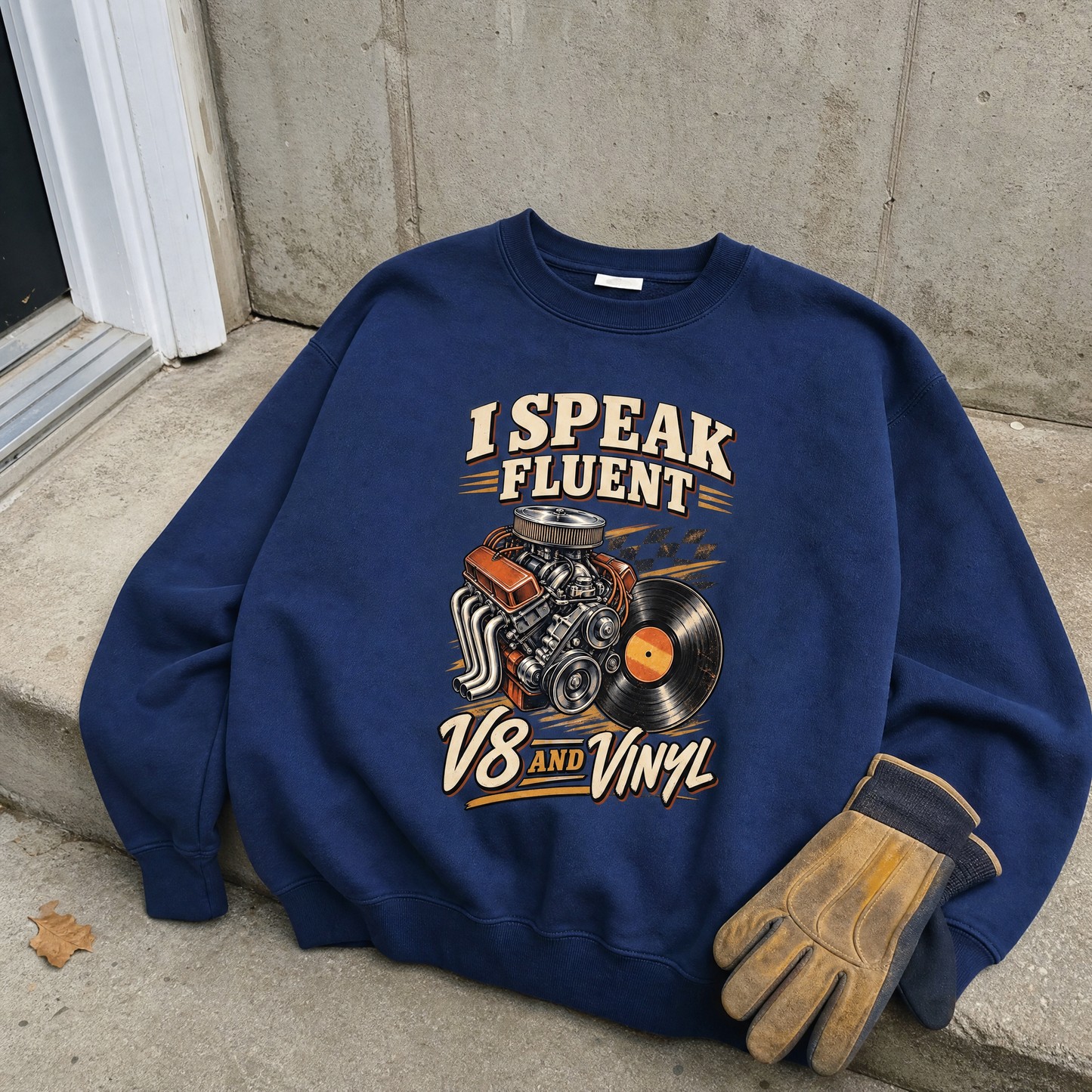 vintage sweatshirt product shot with 32 v8 and vinyl ideogram 4x printed design