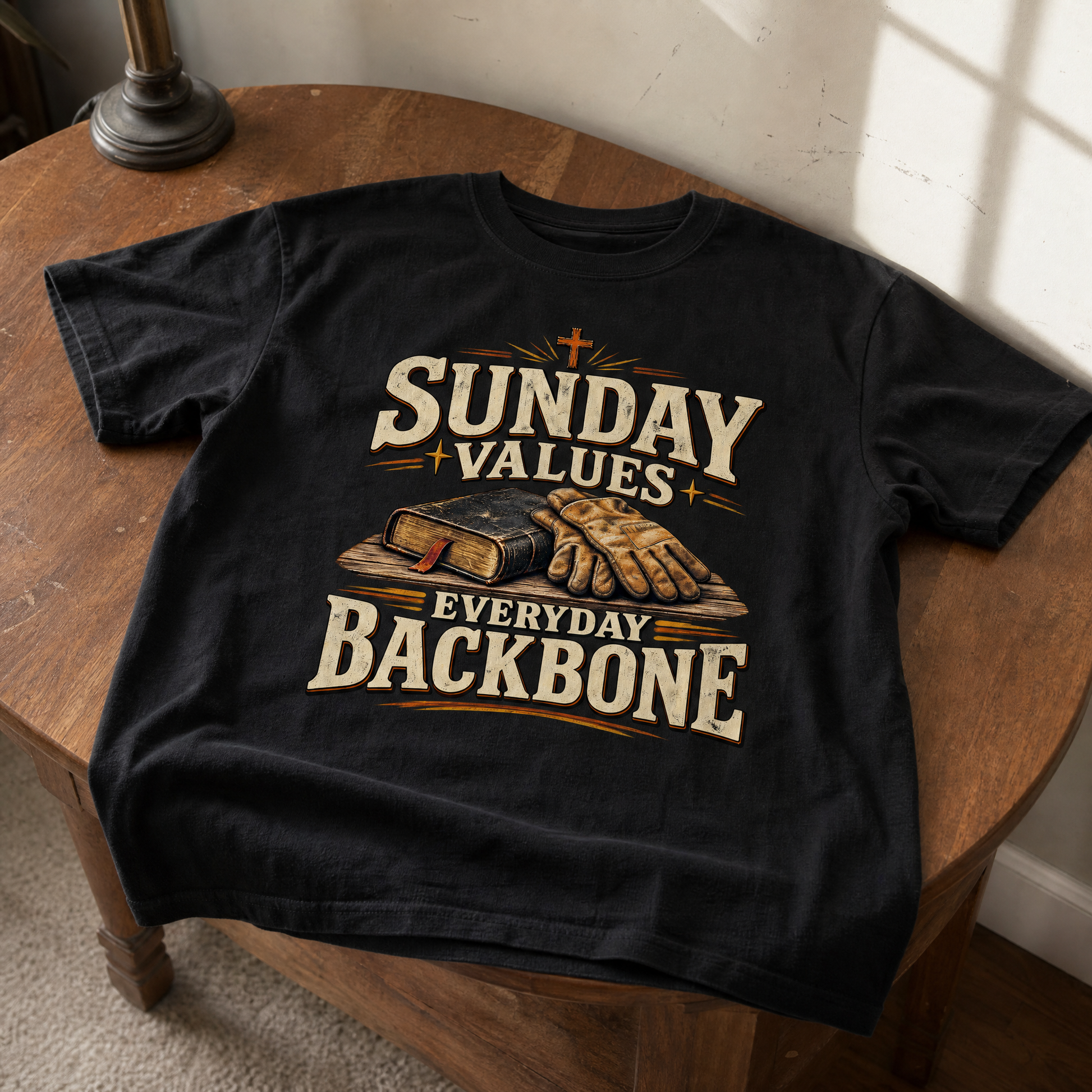Vintage t-shirt with printed Sunday Values Everyday Backbone slogan design hero view