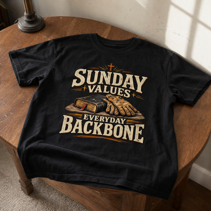 Vintage t-shirt with printed Sunday Values Everyday Backbone slogan design hero view
