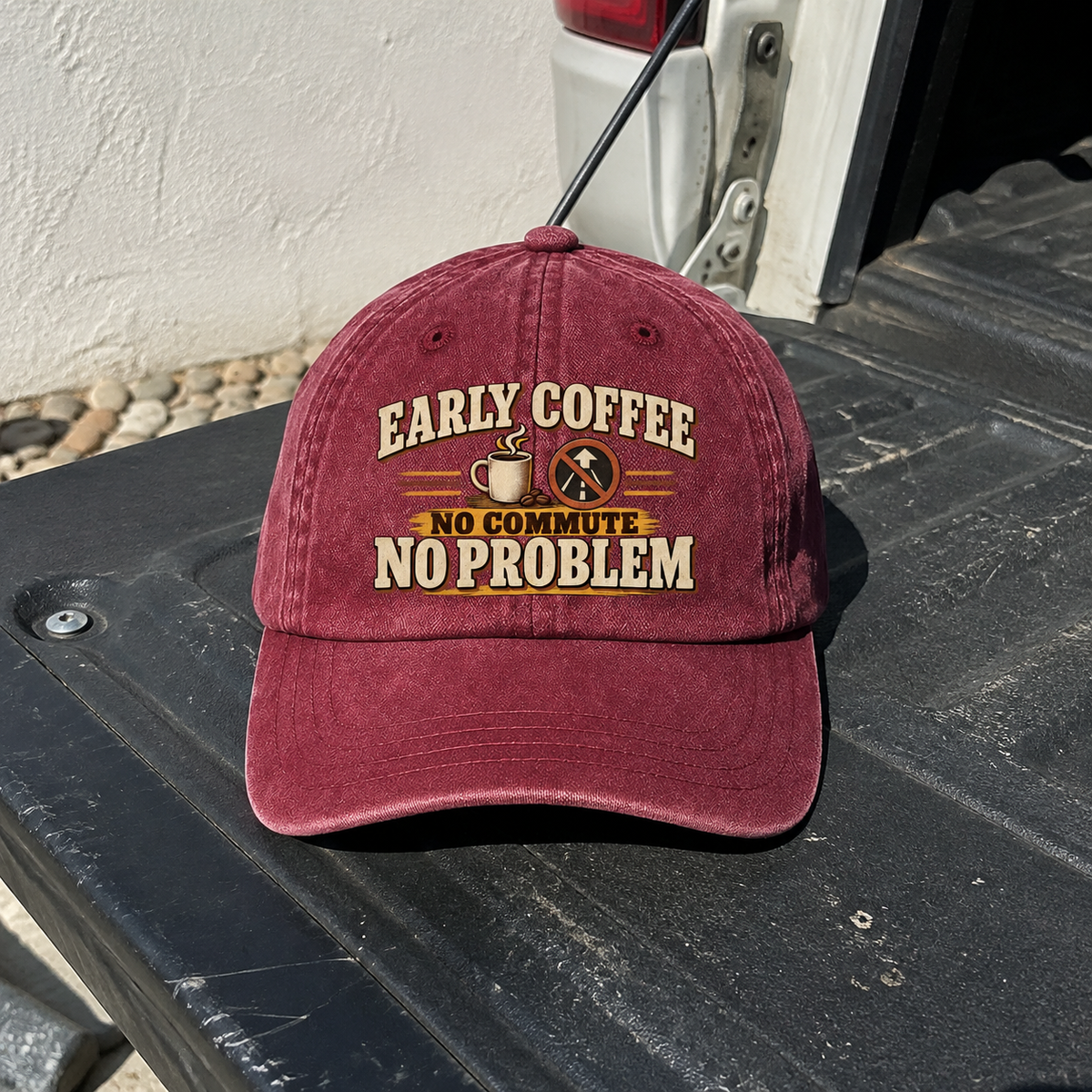 Burgundy vintage washed cap with printed Early Coffee No Commute No Problem slogan