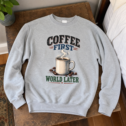 Light gray vintage sweatshirt with printed “Coffee First. World Later” coffee cup design, top view