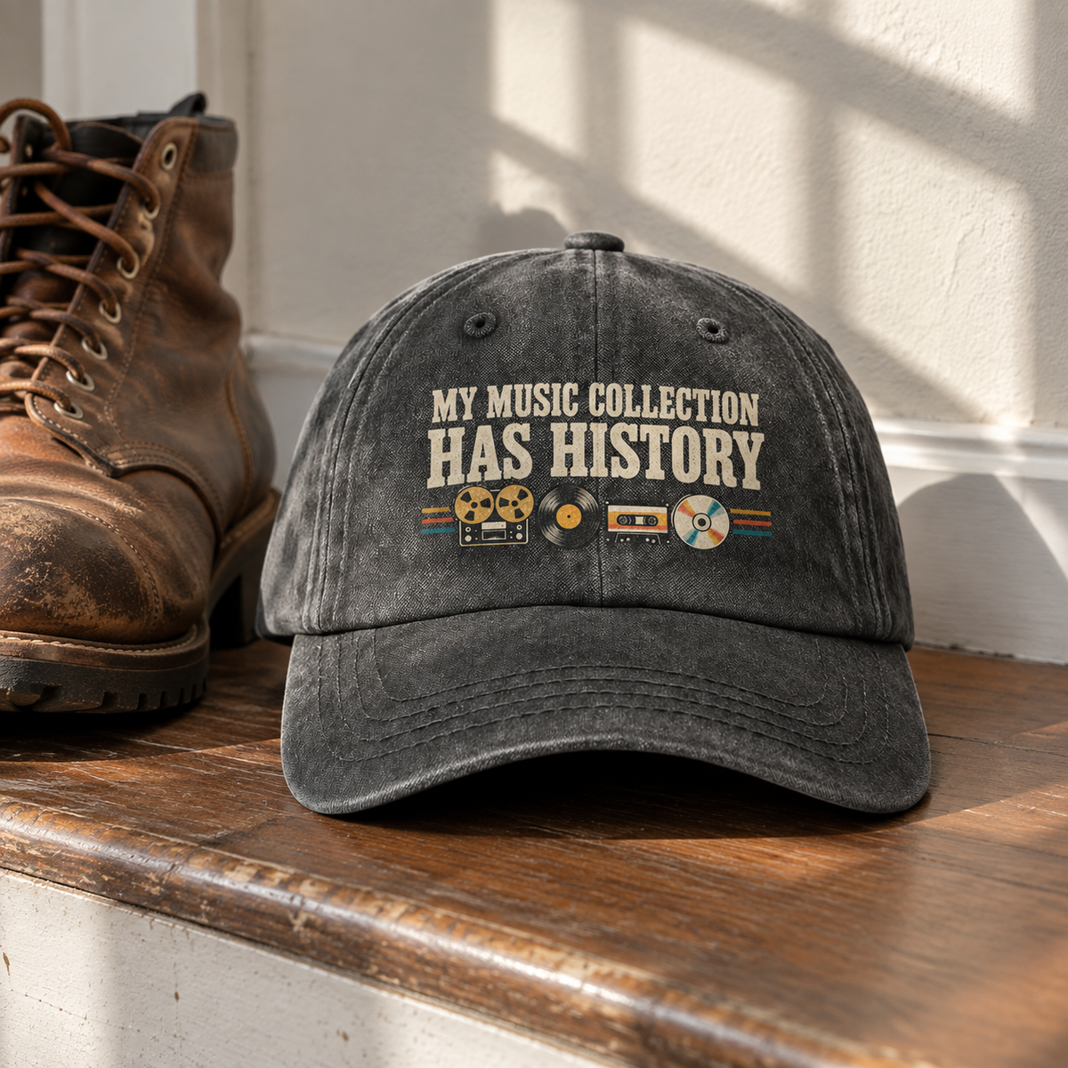 Black vintage washed cap with My Music Collection Has History printed design, front hero view