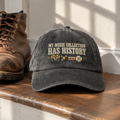 Black vintage washed cap with My Music Collection Has History printed design, front hero view