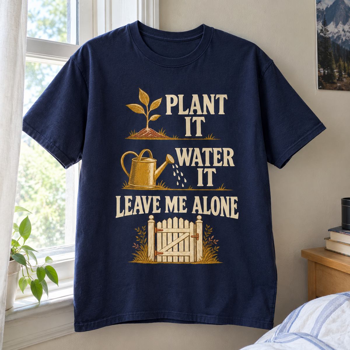 Navy vintage t-shirt with printed Plant It Water It Leave Me Alone slogan, garden graphics