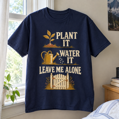 Navy vintage t-shirt with printed Plant It Water It Leave Me Alone slogan, garden graphics