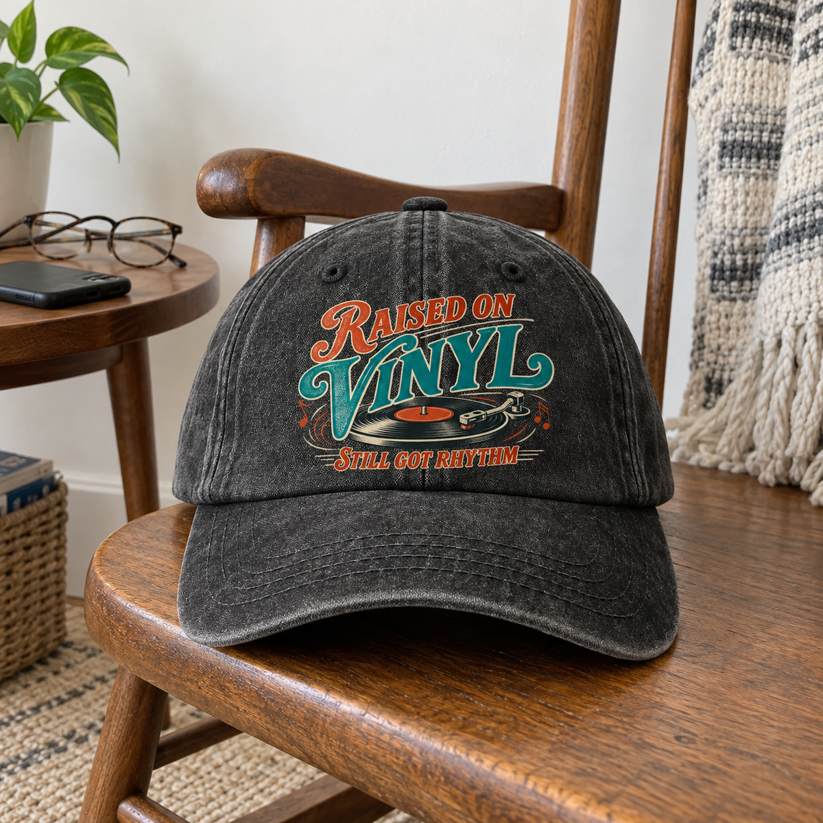 Black vintage washed cap with printed Raised On Vinyl Still Got Rhythm record design